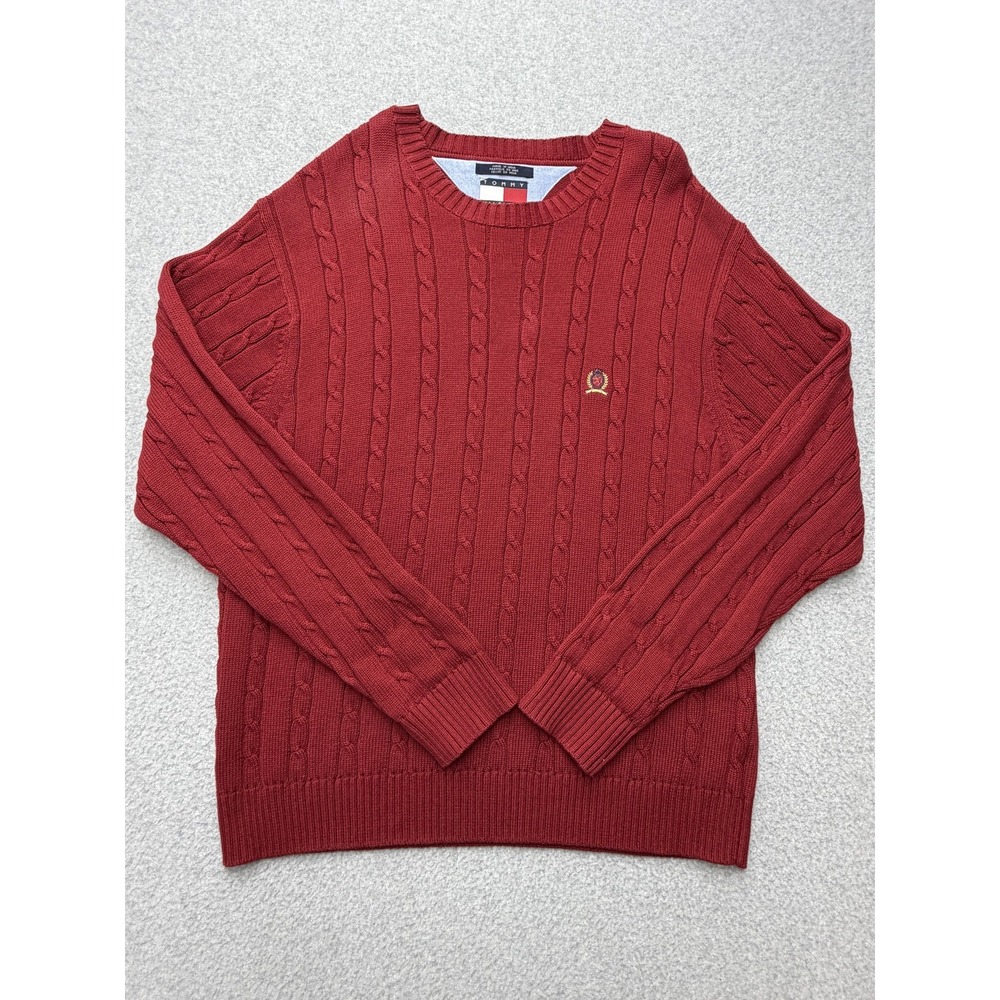 Tommy Hilfiger Sweater Mens Large Red Cable Knit Crewneck Crest Logo Pullover - Picture 1 of 7